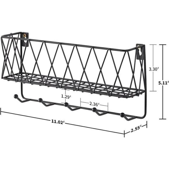 Entryway Mail Holder with Key Hooks,11.0"L×2.6" W×5.1"H,Wall Mounted Matte Black - Picture 5 of 6